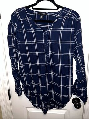 Nine West Navy and White Plaid Button-Up Top